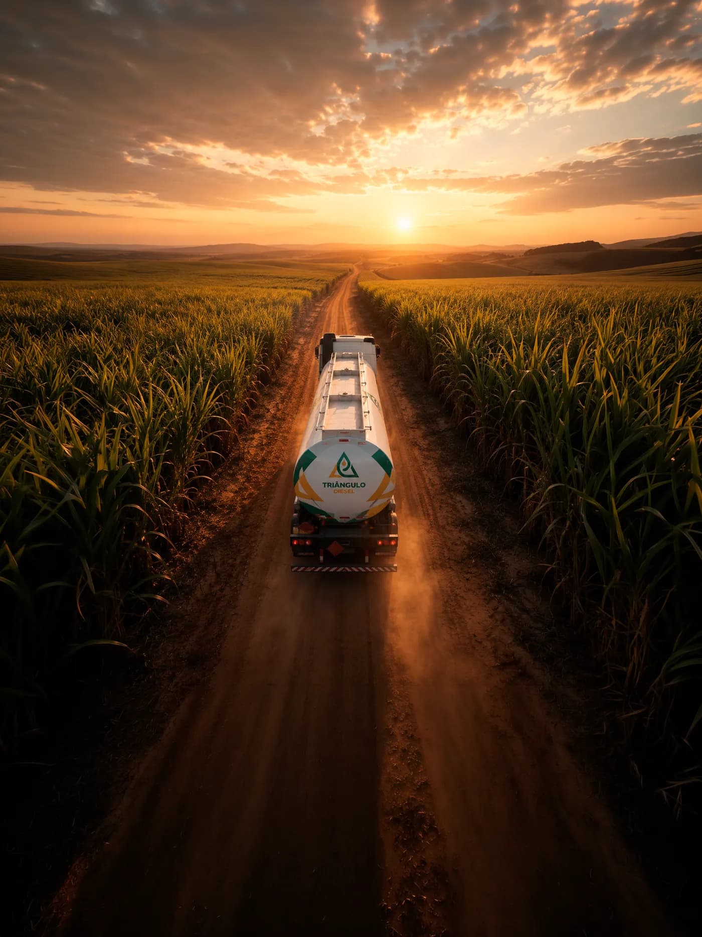 Caminhão-tanque da Triângulo Diesel em estrada de terra entre canaviais